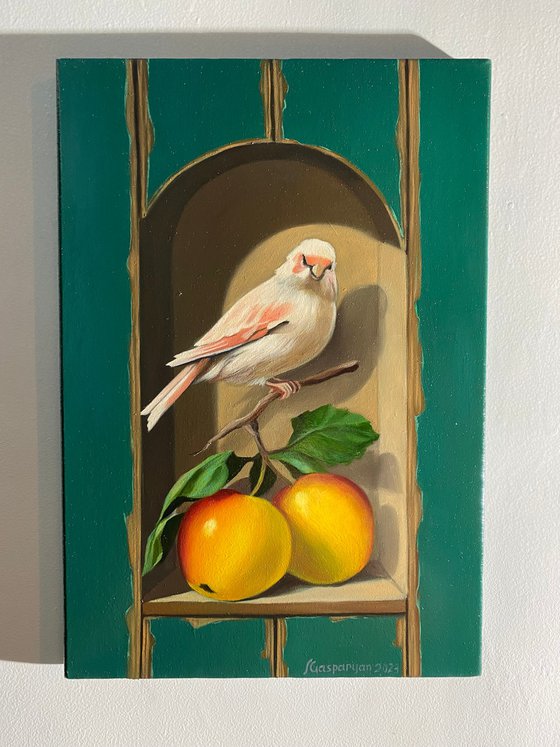 Still life with bird and apple (24x35cm, oil painting, ready to hang)