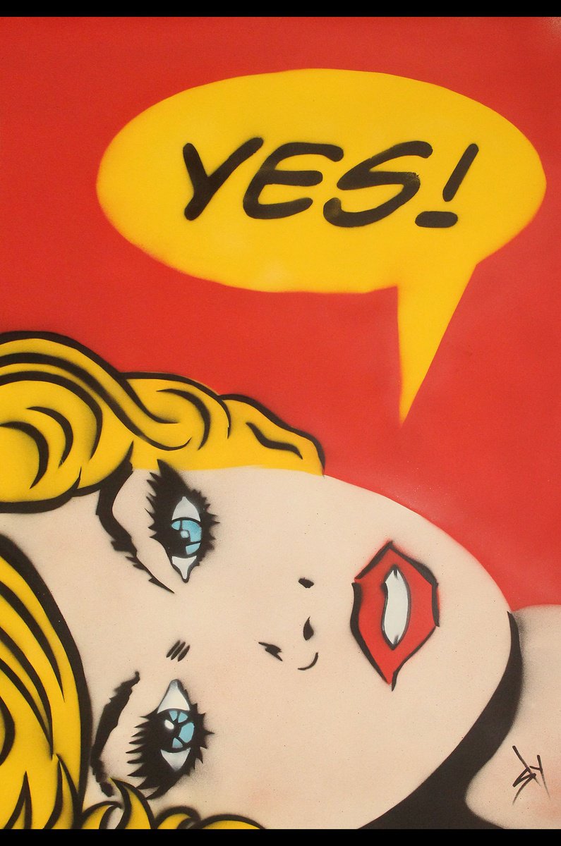 Typographic Portrait Acrylic Painting By Juan Sly, 22 X 30", "Yes!" (Rp)., Original Artwork