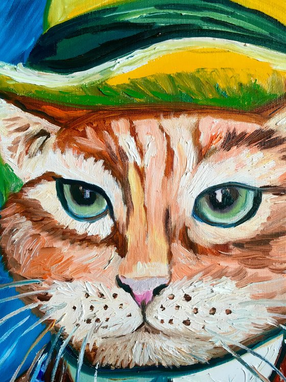 Serious Cat La Van Gogh in a hat FELINE ART FOR CAT LOVERS GIFT IDEA