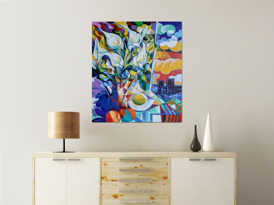Still life with callas (80x90cm, cubism, oil painting, ready to hang)