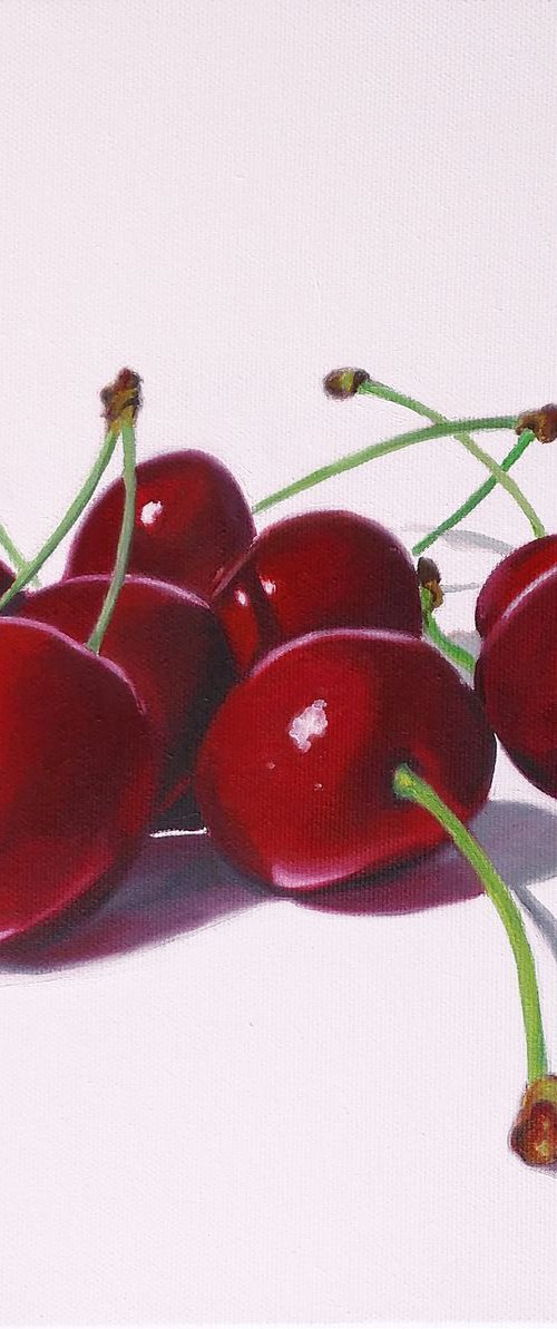 Cherries painting, Original oil on canvas realistic art, 30 x 30 cm by Simona Tsvetkova
