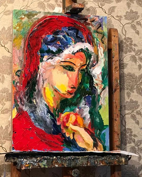 GIRL WITH APPLE IN A RED SCARF  female portrait, face, original oil painting, oriental theme 70x50