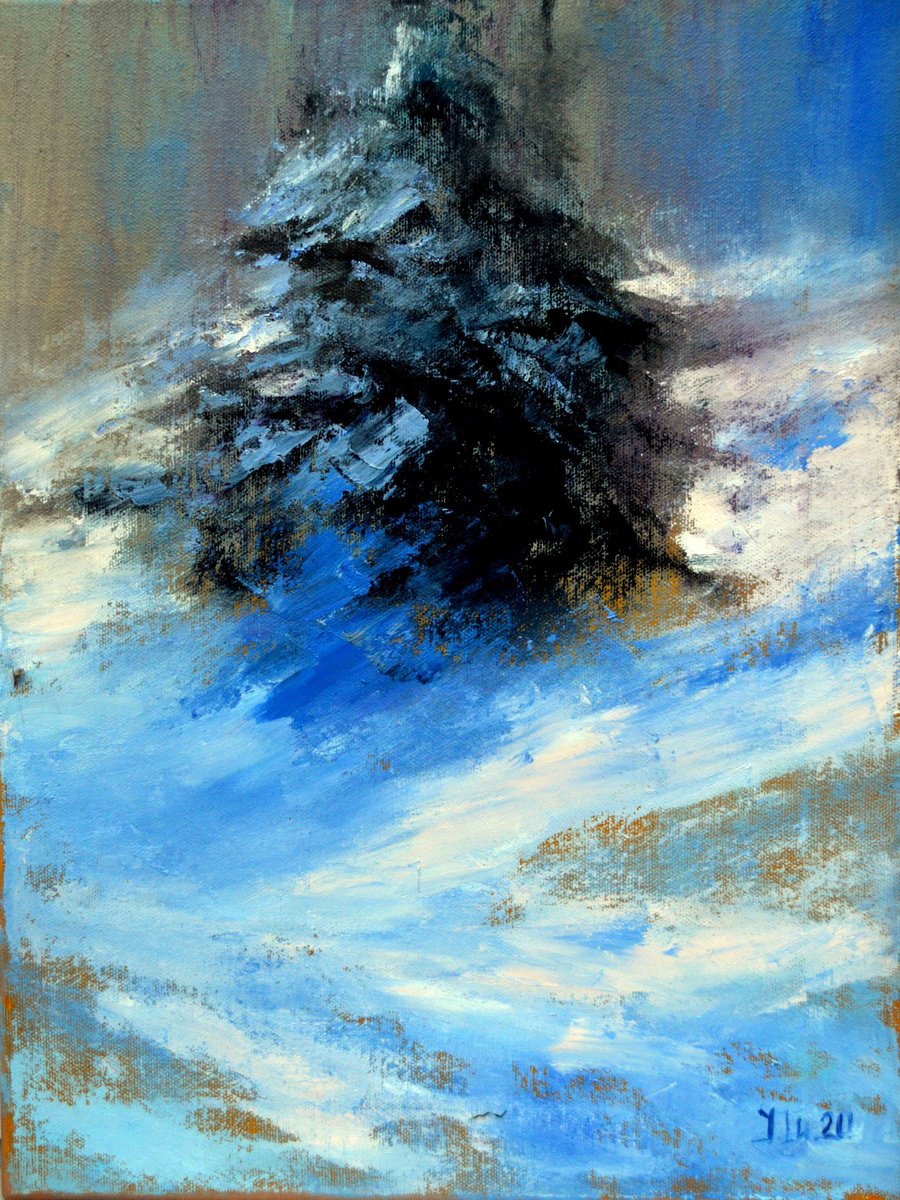 Impressionistic Landscape Oil Painting By Elena Lukina, 12 X 16, Christmas Tree In The Snow, Original Artwork