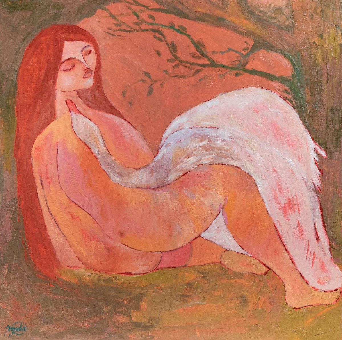 Impressionistic Portrait Oil Painting By Dasha Pogodina, 31 X 31, Leda And The Swan, Original Artwork