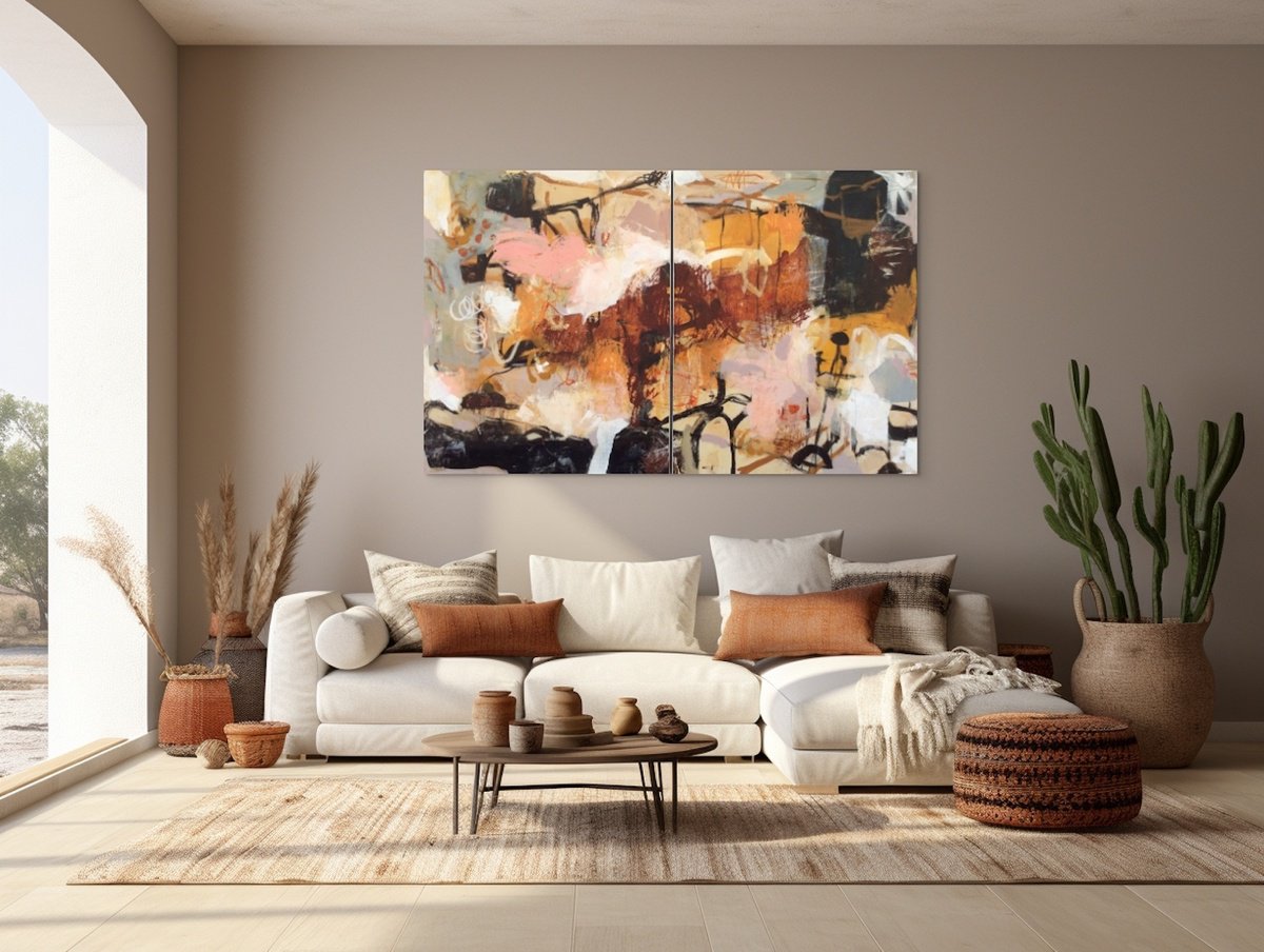 Abstract Acrylic Painting By Linda Coppens, 63 X 39", Poetry Of Life - Diptych 1, Original Artwork