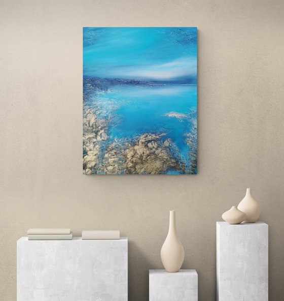 A XL large original modern semi-abstract painting "Blue Lagoon"