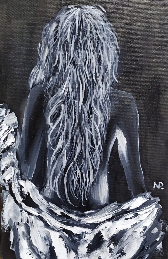 In his shirt, original nude erotic black and white oil painting, Gift, bedroom art