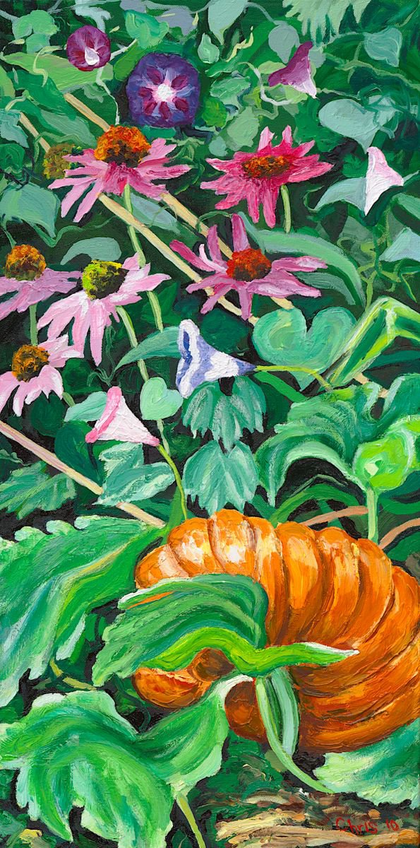 Impressionistic Botanical Oil Painting By Christina M Plichta, 17 X 29, Pumpkin & Echinacea, Original Artwork