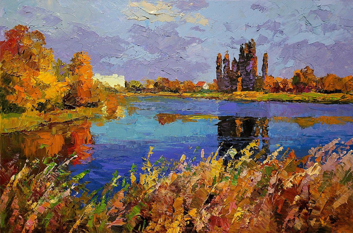 Impressionistic Landscape Oil Painting By Boris Serdyuk, 37 X 25, Autumn On The River, Original Artwork