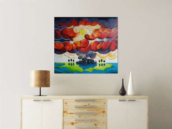 Sunset (80x90cm, cubism, oil painting, ready to hang)