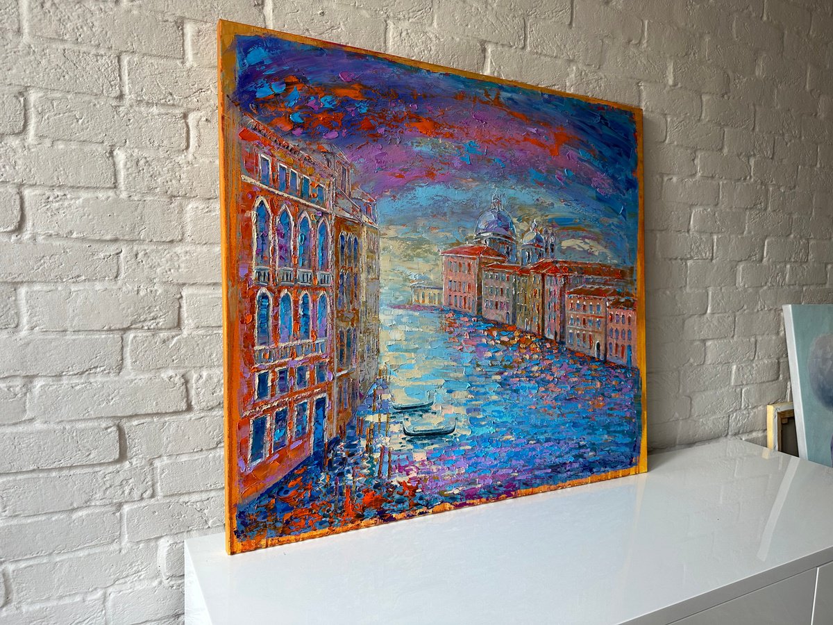 Expressive Cityscapes Oil Painting By Mary Voloshyna, 35 X 31", Colors Of Venice, Original Artwork