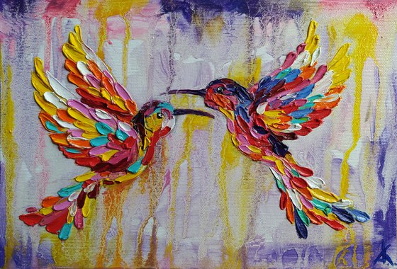 Love in the rain - hummingbirds, birds, hummingbirds oil painting, birds oil painting, love oil painting, love, animals, oil painting, art bird, impressionism