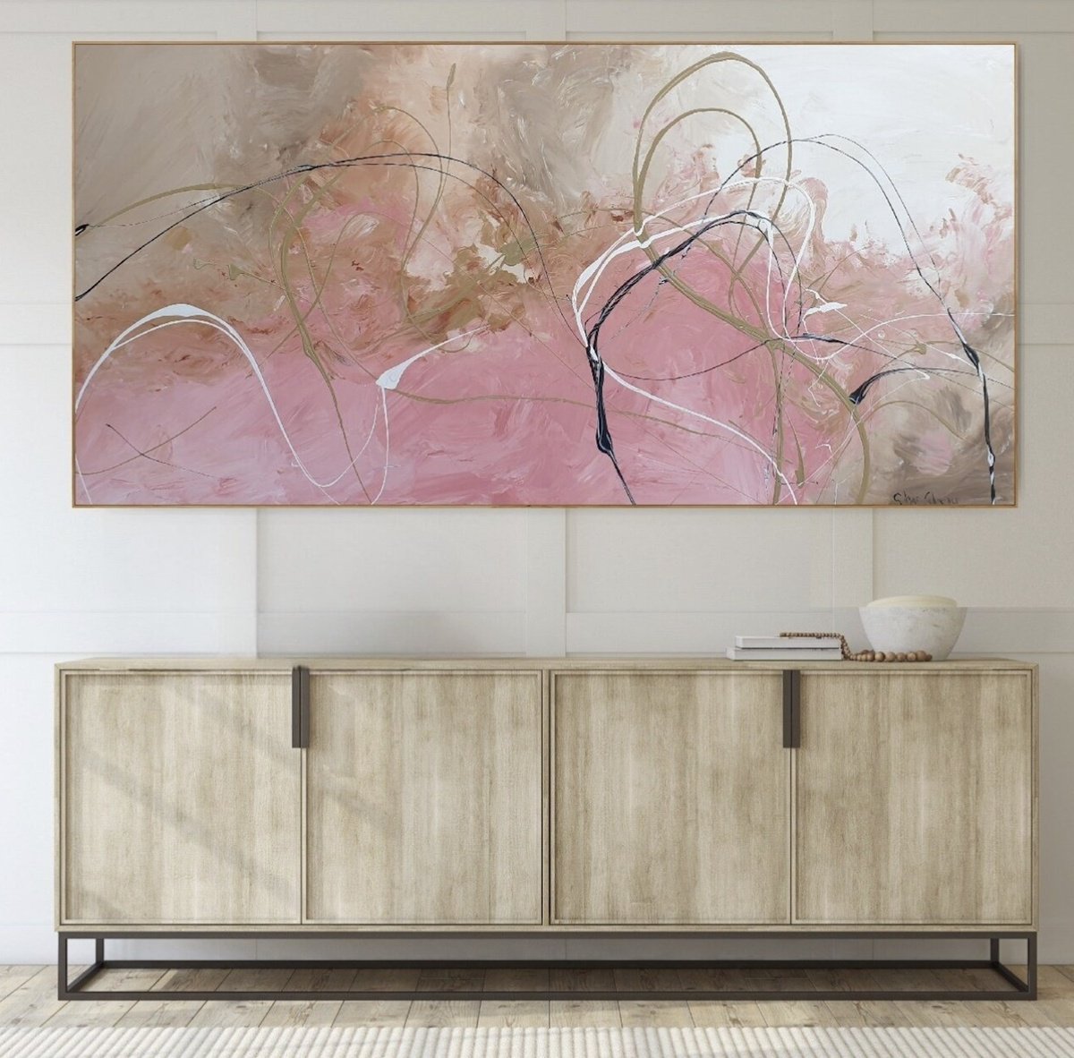 Abstract Acrylic Painting By Gabriela Azar Schreiner, 74 X 39, Pink Lake, Original Artwork