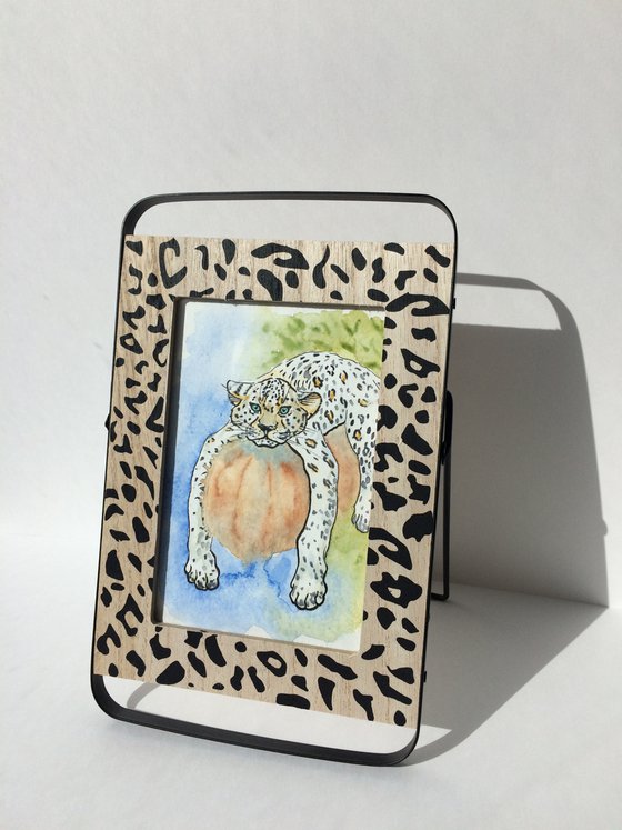 Animal drawing - Leopard mixed media watercolor - Framed small artwork - Gift idea (2021)