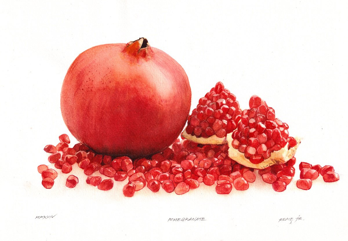 Photorealistic Still Life Watercolour By Reme Jr., 14 X 10", Pomegranate, Original Artwork