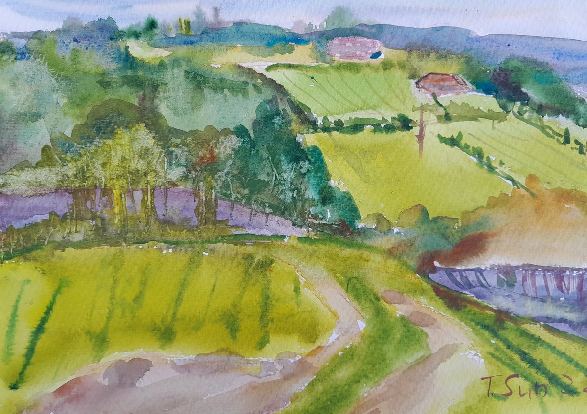 Impressionistic Watercolour , Green Fields, Hailsham By Tanya Sun, 12 X 8, Artwork For Sale On Artfinder