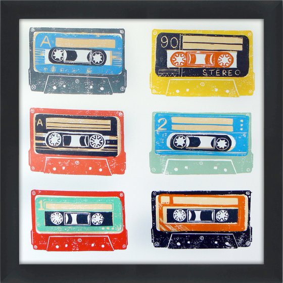 Linocut tapes #24 Framed and ready to hang (cassette tapes, retro music, 70's, 80's rock culture)