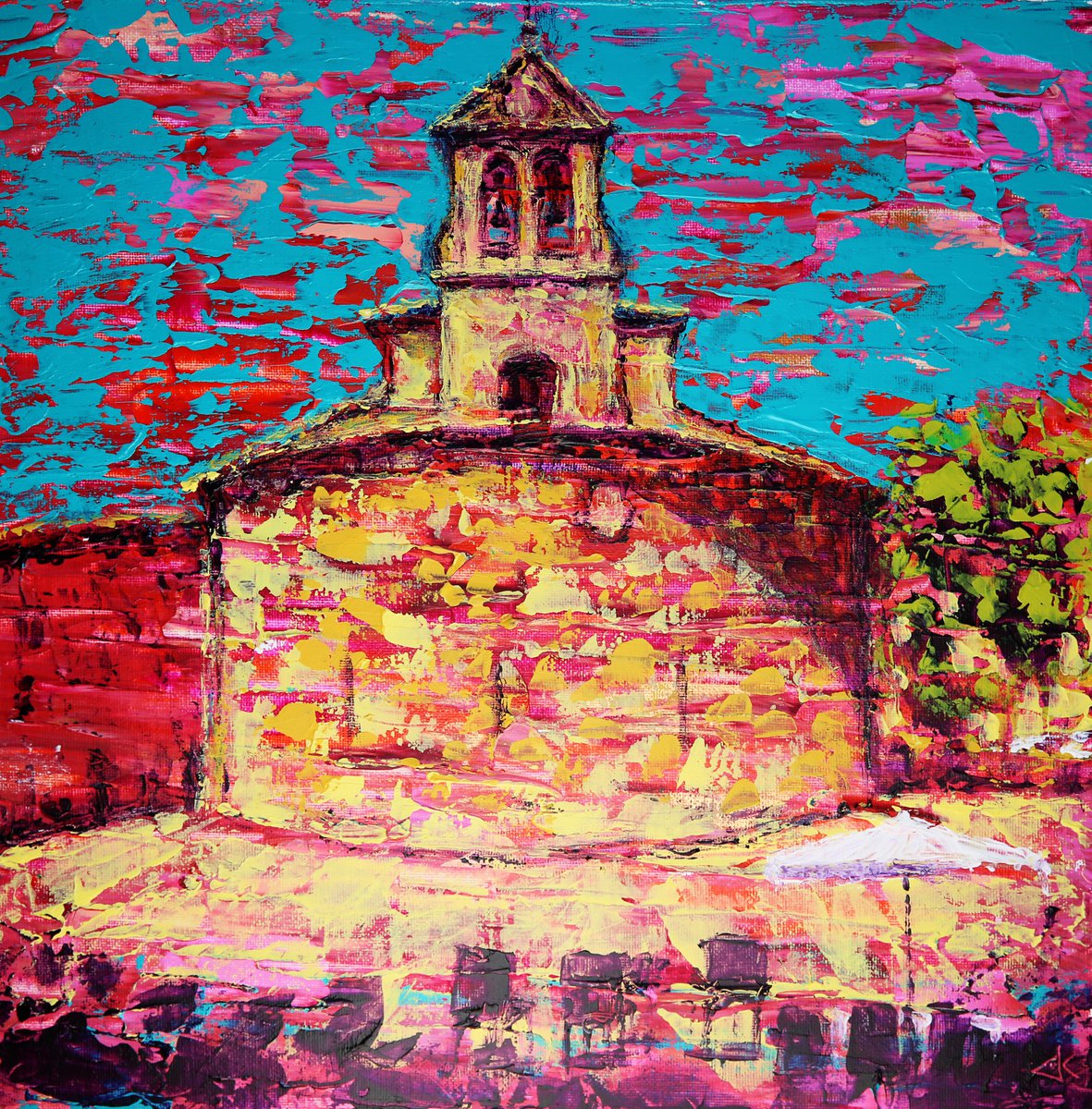 Impressionistic Cityscapes Acrylic Painting By Denys Kuvaiev, 17 X 17, Iglesia San Marcos Salamanca, Original Artwork