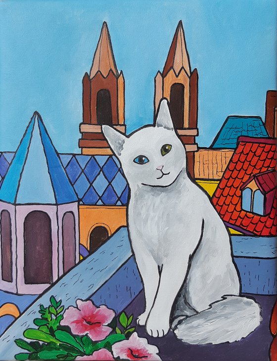 "Cat On The Roof Of The House" Maximalist Modern Matisse-Inspired Original Painting