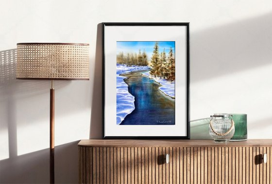 Winter Stream Glow original watercolo art, winter landscape, goft idea