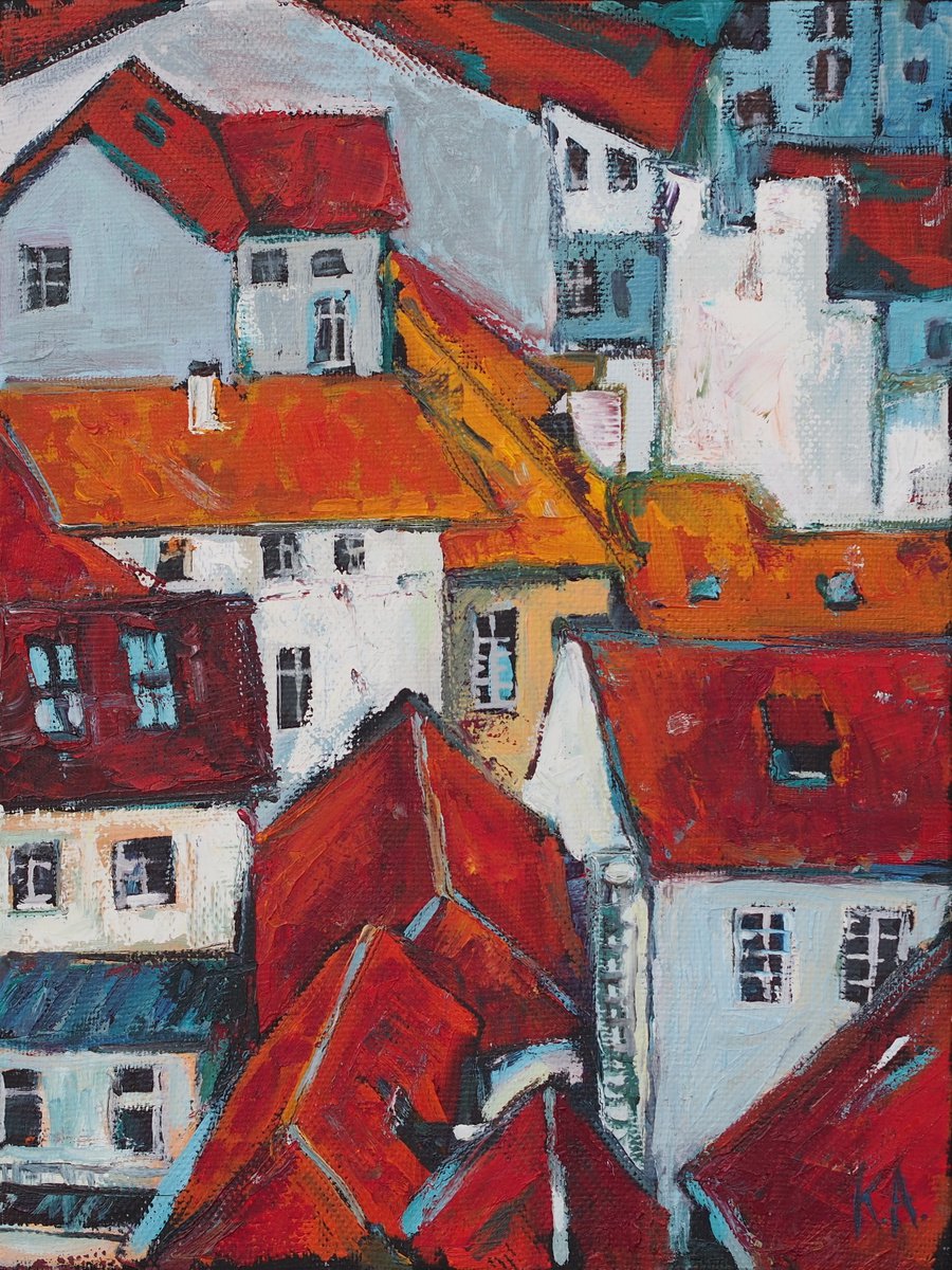 Impressionistic Cityscapes Oil Painting By Alfia Koral, 12 X 16, Old City Rooftops, Original Artwork