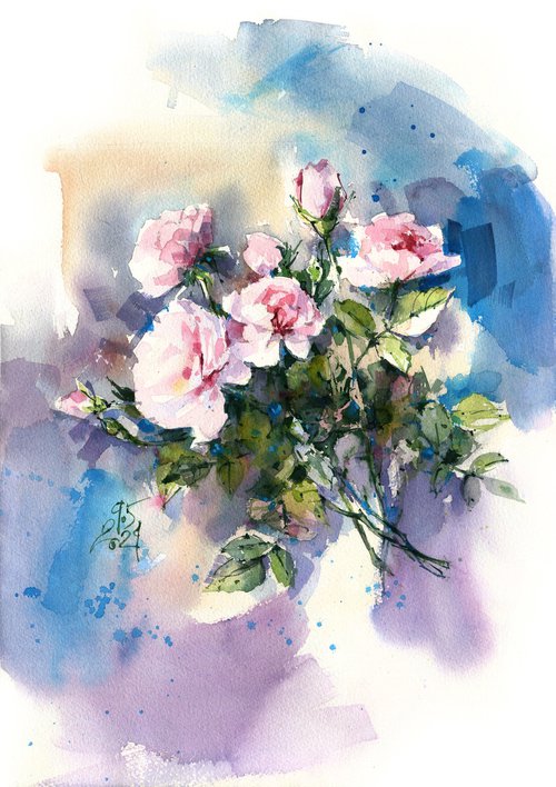 "Melody of a clear sky" bouquet of delicate light pink garden roses impressionism watercolor by Ksenia Selianko