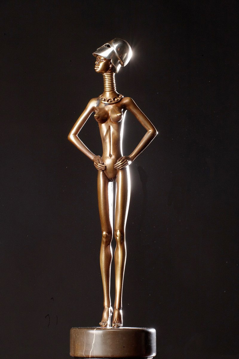 Expressive Portrait Bronze Sculpture By Krasimir Krastev, 4 X 15", African Woman With Helmet, Original Artwork