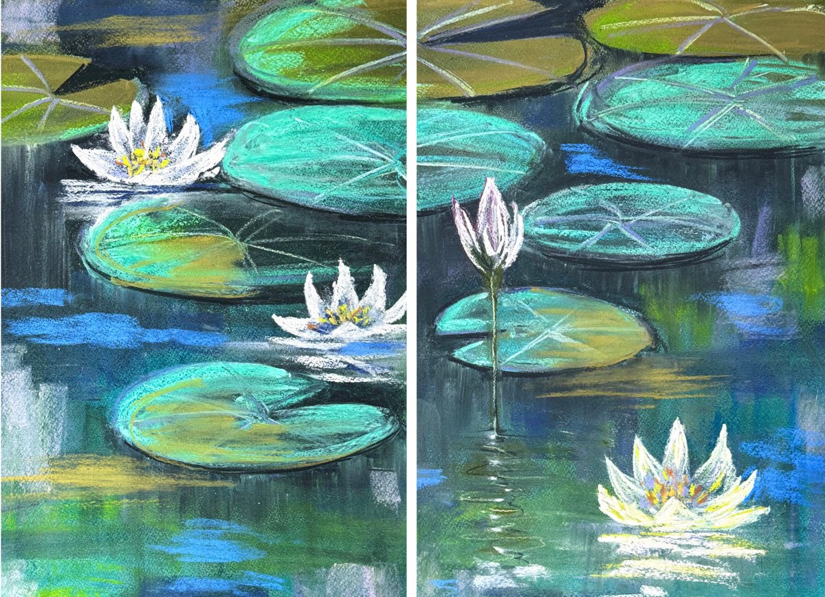Impressionistic Pastel Drawing , Waterlily Set Of 2 Pastel By Yuliia Sharapova, 31 X 20, Artwork For Sale On Artfinder