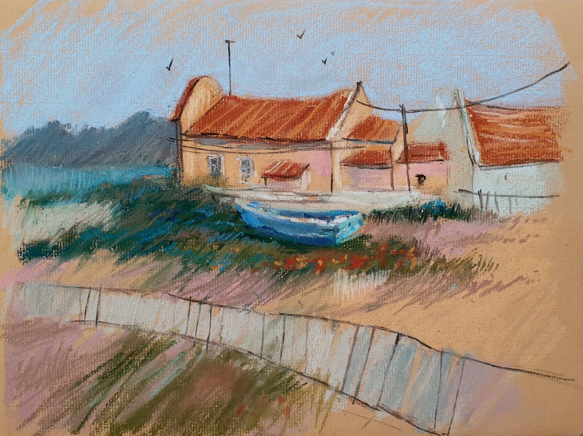 River and boats. Portuguese village by Elena Genkin