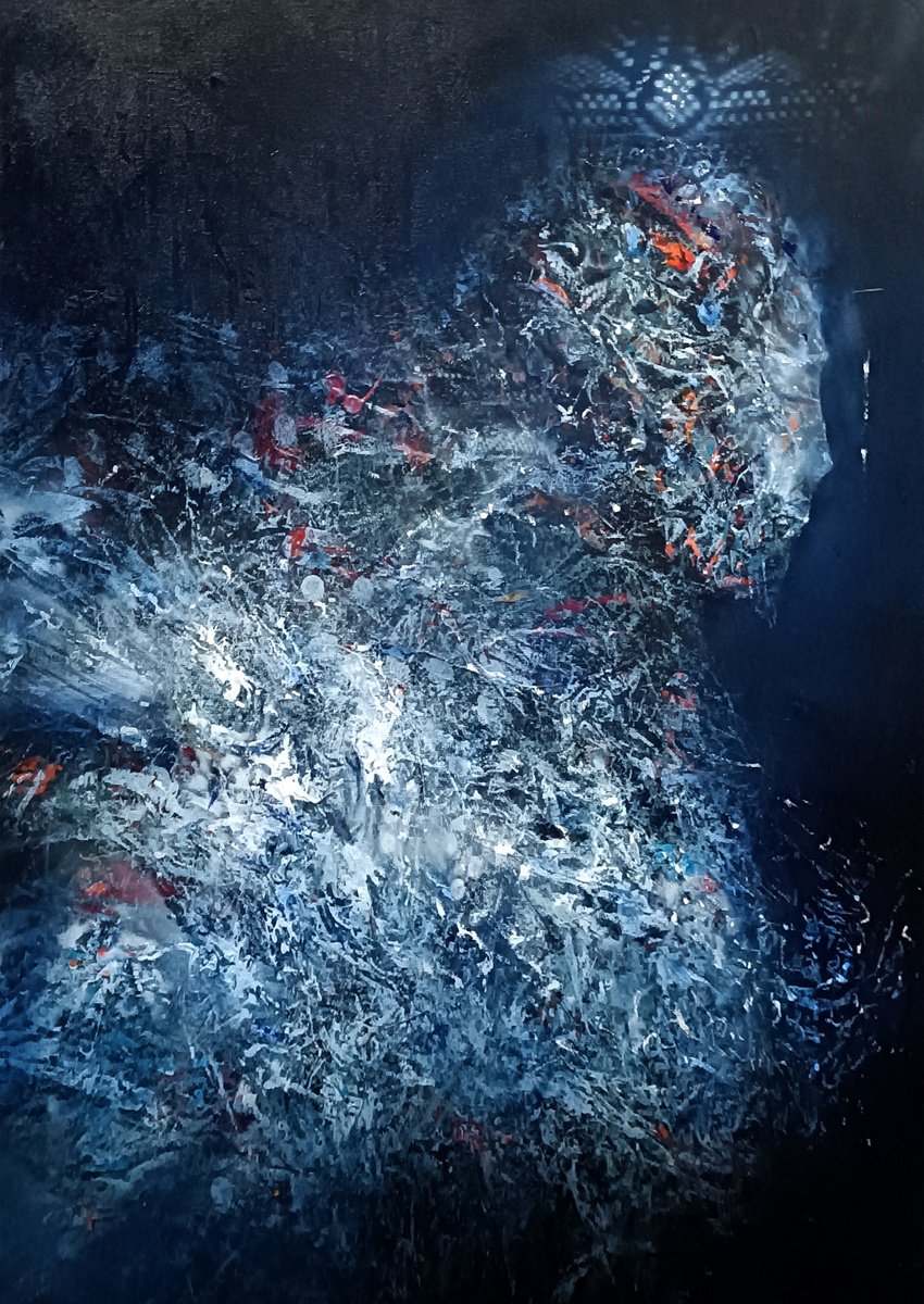 Expressive Portrait Acrylic Painting By Kloska Ovidiu, 26 X 33", Angel Waiting 233, Original Artwork