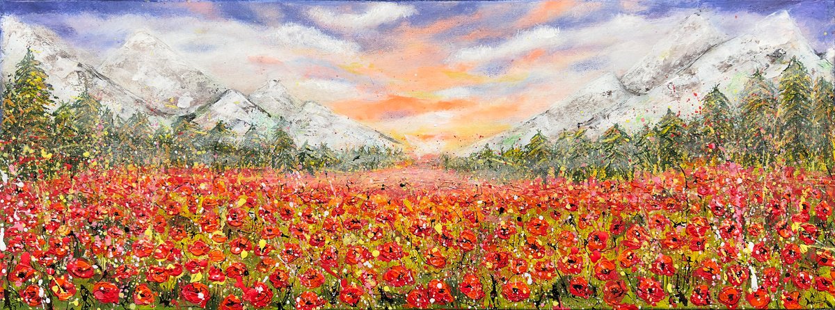 Abstract Botanical Acrylic Painting By Misty Lady - M. Nierobisz, 31 X 12", The Majesty Of Red Poppies, Original Artwork