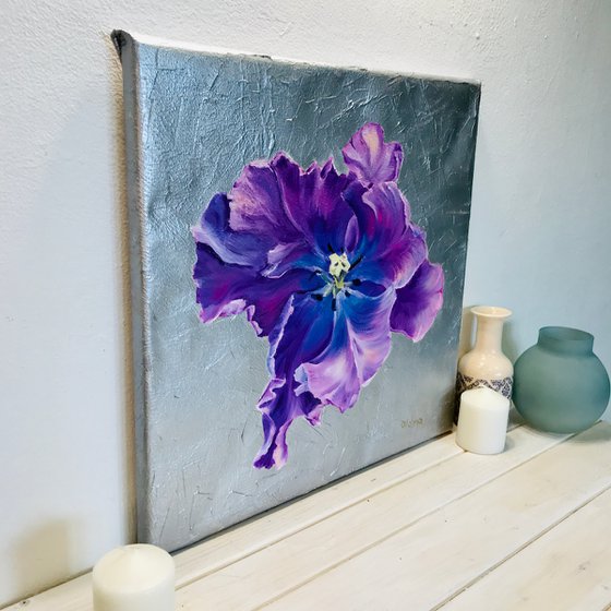 set of 2 flowers oil artworks, purple pink flower, violet gallery wall art, small original oil art on canvas, floral wall decor