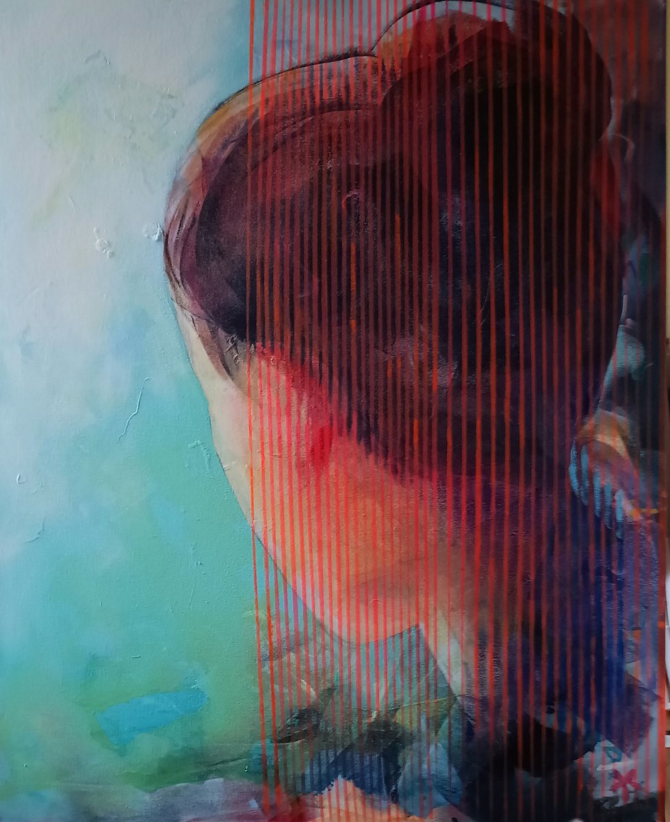 Expressive Portrait Acrylic Painting By Marina Del Pozo, 32 X 39", It Is Cold Outside, Original Artwork