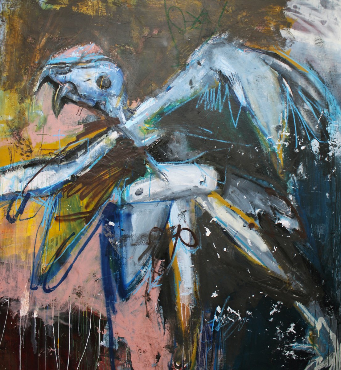 Expressive Portrait Oil Painting By Milos Hronec, 71 X 79", Animal Bones - Unknown, Original Artwork