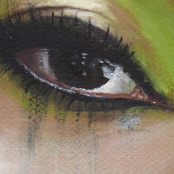 Shona - beauty oil painting of women female on paper green tones makeup closeup