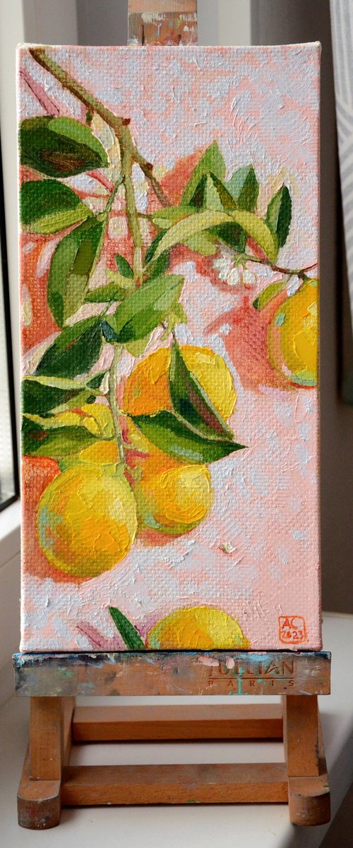 A branch of lemons on a light pink background with green leaves by Alexandra Sergeeva