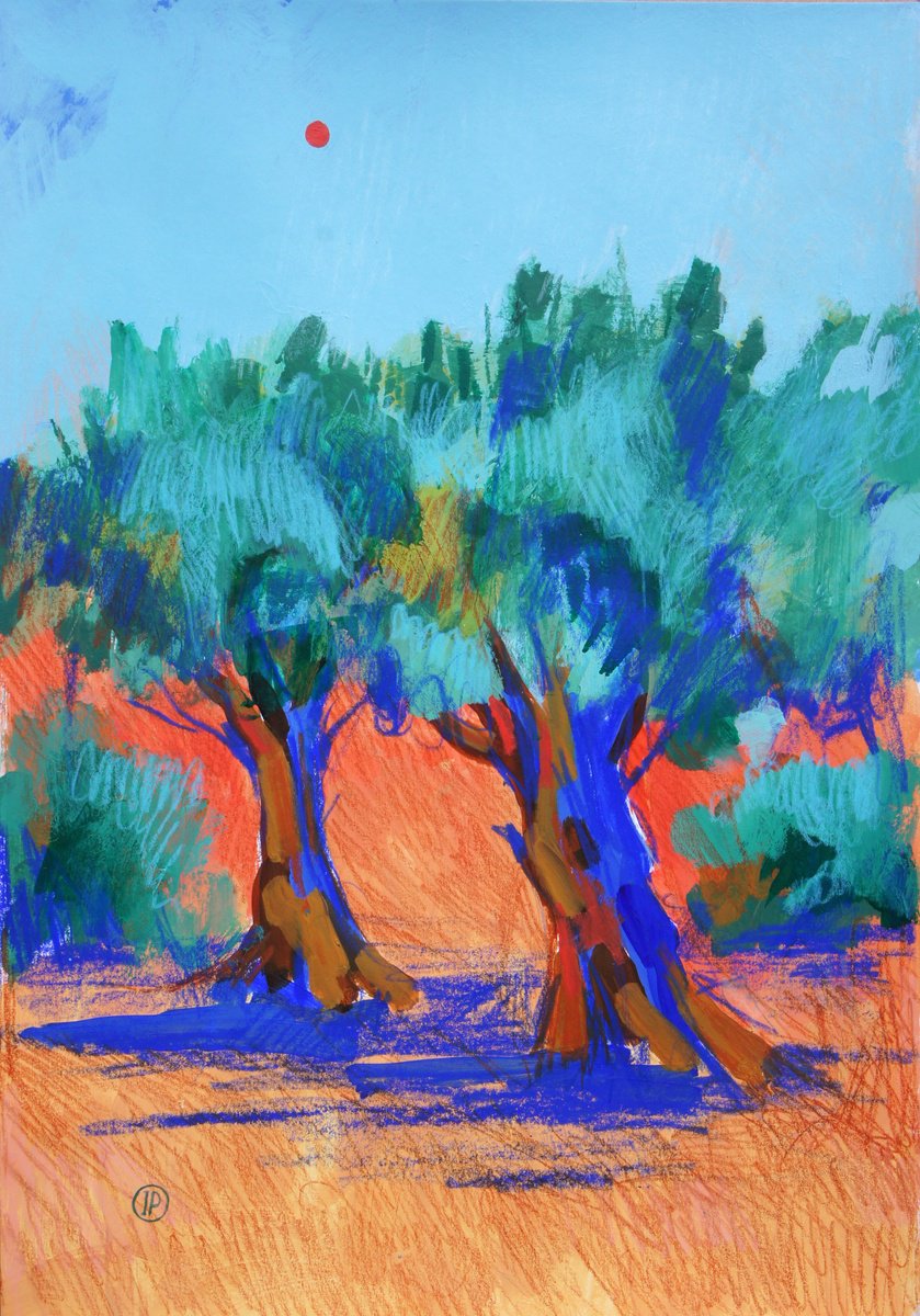Impressionistic Landscape Painting By Irina Plaksina, 12 X 17, Olive Trees In Tuscany, Original Artwork
