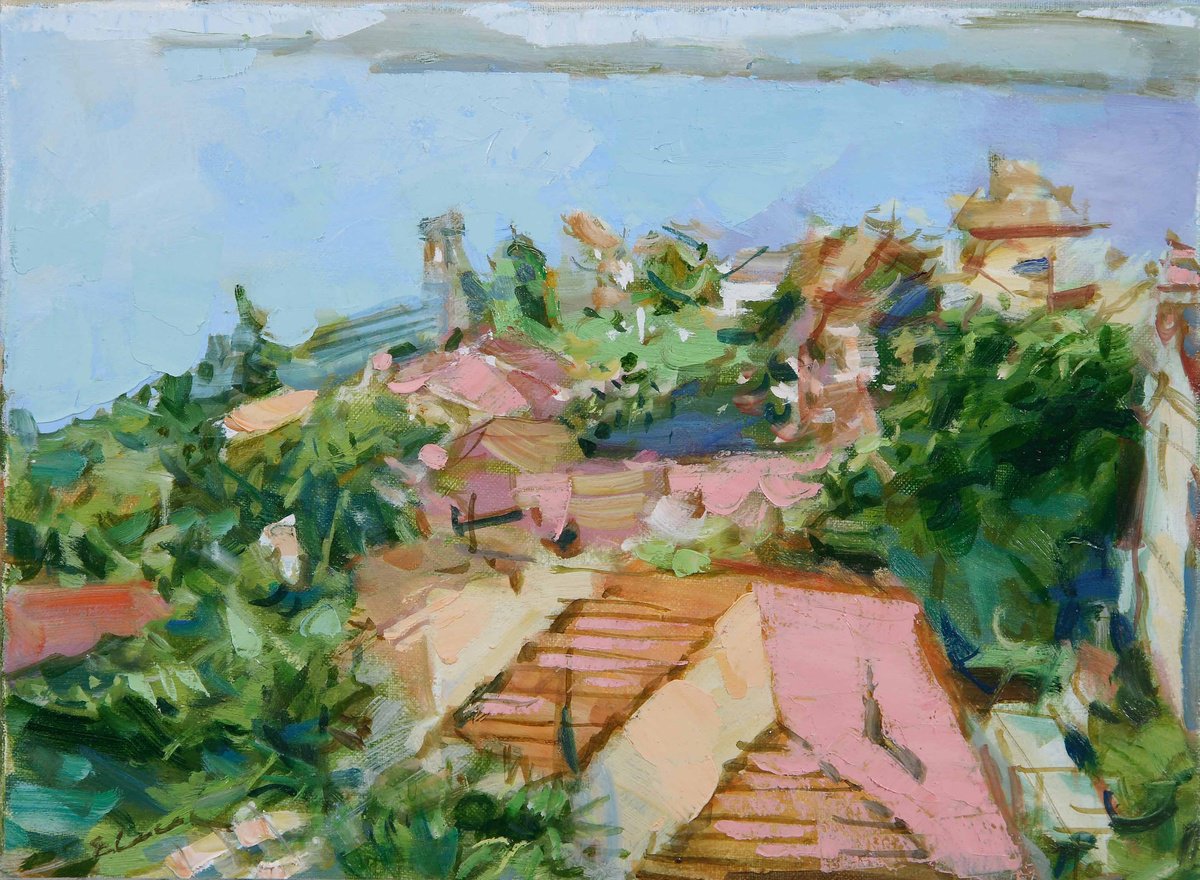 Expressive Cityscapes Acrylic Painting By Eugene Segal, 16 X 12, Old Town, Original Artwork