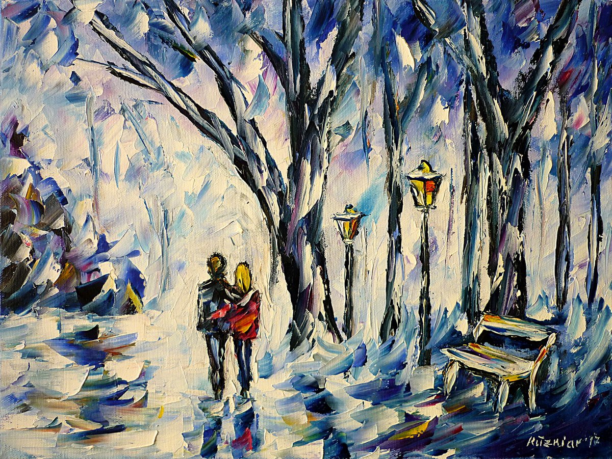 Expressive Landscape Oil Painting By Mirek Kuzniar, 16 X 12", Winter Walk, Original Artwork