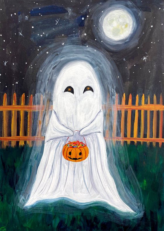 Halloween folk art acrylic painting featuring two cute ghosts