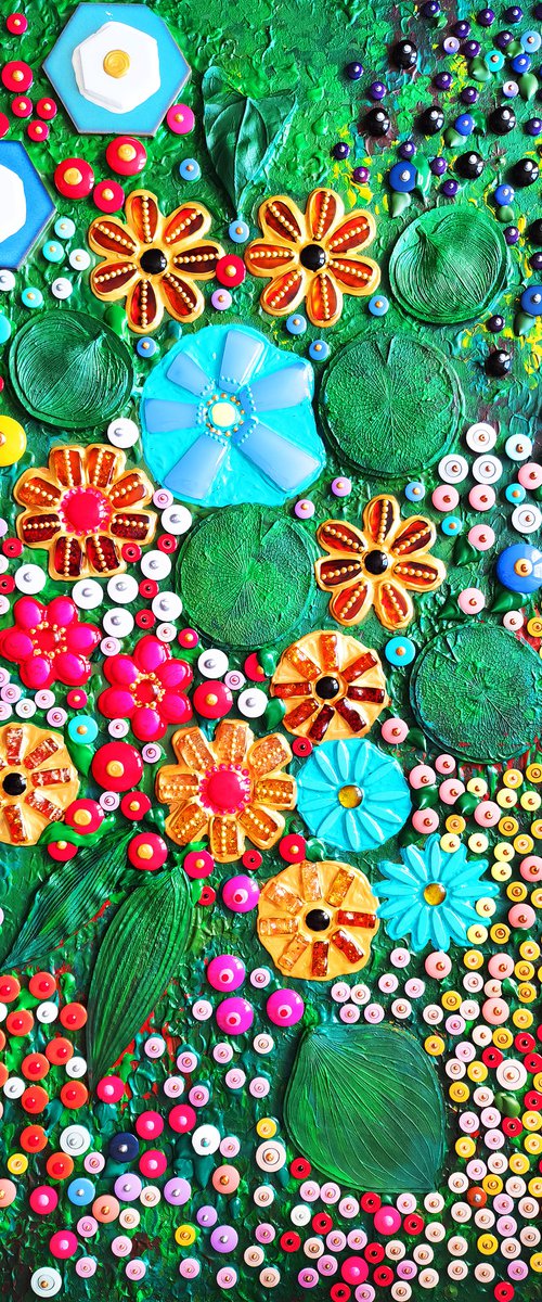 COLORFUL SUMMER GARDEN. Amber turquoise, agate & mosaic botanical floral abstract landscape by BAST