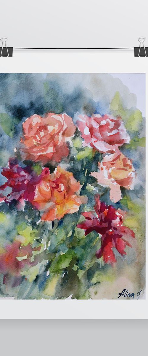 Floral watercolor hand painting Roses, original artwork, nature wall art, flowers fine art,  apartment wall decor by Alina Shmygol