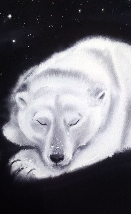Sleeping Polar Bear  -  Night by Olga Beliaeva Watercolour