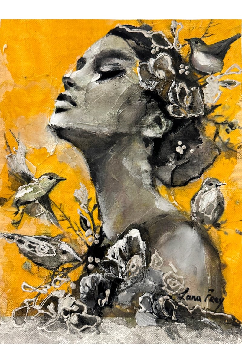 Expressive Portrait Painting By Lana Frey, 8 X 12", Birds That Paint The Breath, Original Artwork