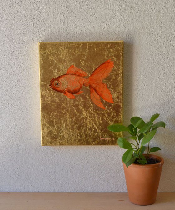 My Little Golden Goldfish Oil Painting on Lacquered Golden Leaf