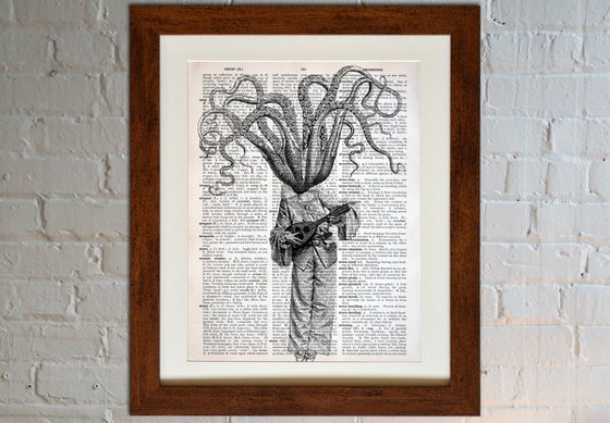 Octopus Pierrot - Collage Art Print on Large Real English Dictionary Vintage Book Page