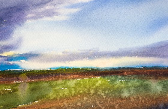 View from the train window series. Salamanca landscape. Original watercolor. Small watercolor natural sky clouds landscape