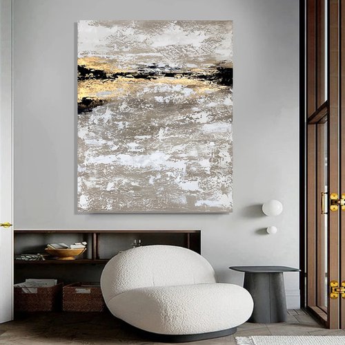 Beige Gold Gray Abstract on canvas. textured painting by Marina Skromova