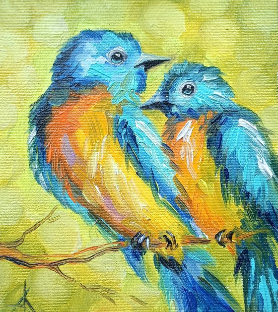 Chirping about love - birds, oil painting, bird, love, birds in love, birds oil painting, gift, bird art, art bird, animals oil painting