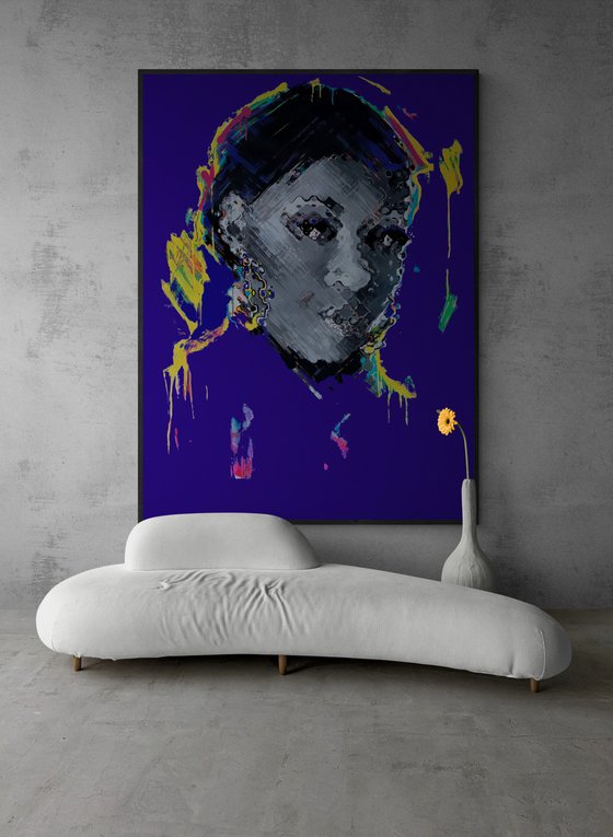 Huge XXXL bright portrait - "Black queen" - Pop Art - Portrait - Contemporary art - Girl - Modern portrait - Purple